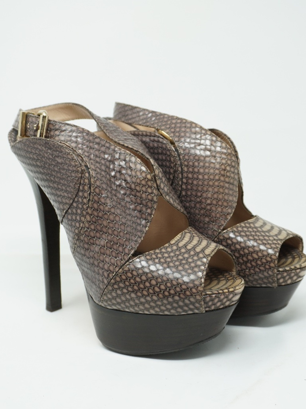 NEW Fendi Brown Python Embossed Leather Platform Slingback Sandals Size 37